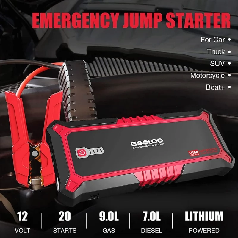 GOOLOO GP2000 Starthilfe, 2000A Peak Autostarter, 12V Jumpbox,  Auto-Lithium-Batterie-Booster, 19800 mAh Netzteil 
