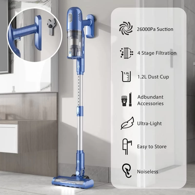 PRETTYCARE P1 Cordless Vacuum Cleaner, 26KPa Suction, LED Touch Screen, 45  Mins Runtime, 180W Motor 