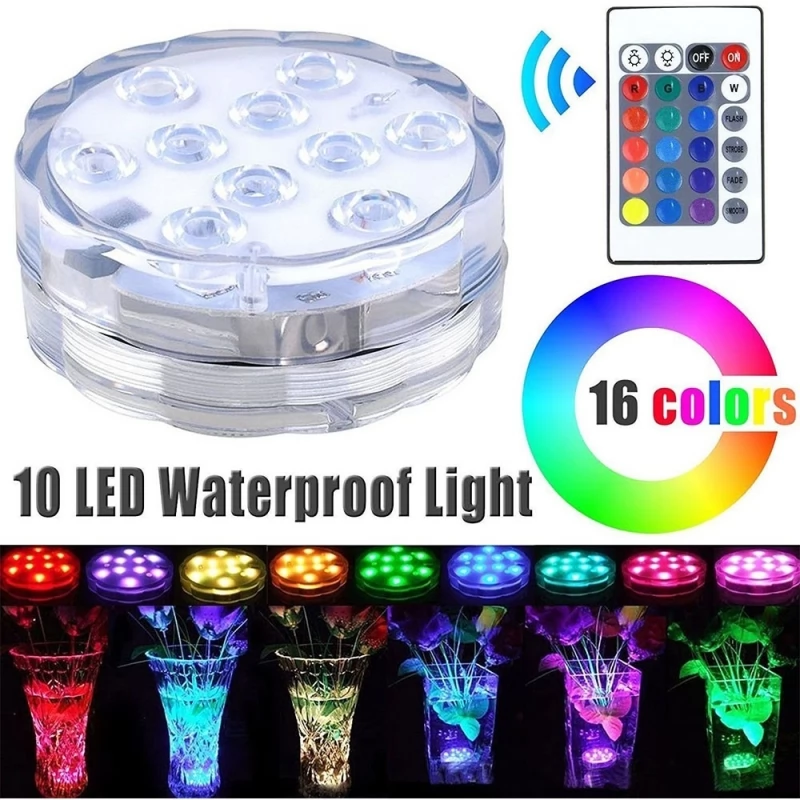 4 Stück RGB-Tauch-LED-Leuchten mit Fernbedienung, 10 LEDs, 16 Farben, 4 Modi, batteriebetrieben, IP68 wasserdicht