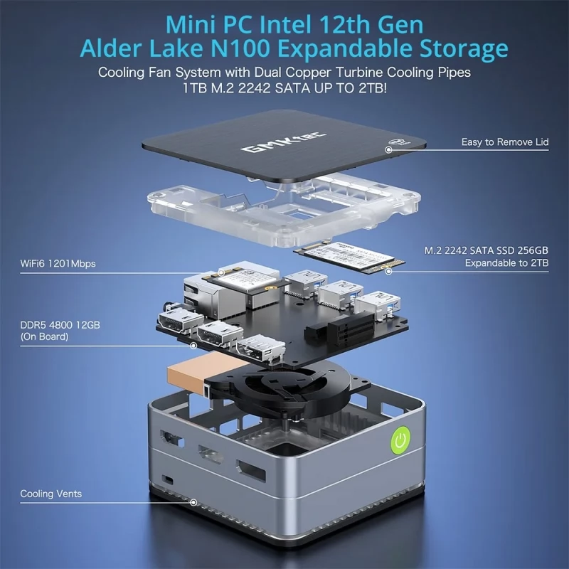 ミニPC、Intel 12th Alder Lake N100 (最大3.4GHz)、16GB DDR4 RAM 