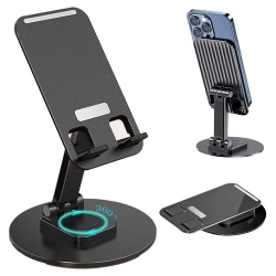 Draagbare opvouwbare telefoonstandaard, 360 graden draaibaar, in hoogte verstelbaar, houder voor mobiele telefoon - zwart