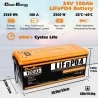 Cloudenergy 24V 100Ah LiFePO4 accu, 2560Wh energie, 6000+ cycli, ingebouwd 100A BMS, ondersteuning in serie/parallel