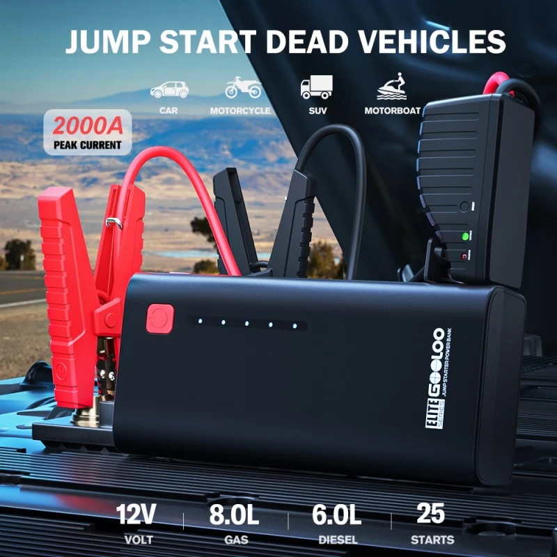 GOOLOO GE1200 Jump Starter, 2000A Spitzenstrom, 13200mAh Batteriekapazität,  12V Auto-Batterie-Booster, LED-Licht 