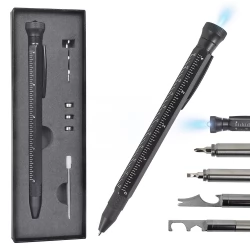 HMP P256 12-in-1 Multigereedschap Pen, met LED-lampje, decompressiemassagetoestel, schroevendraaiers, linialen - Zwart