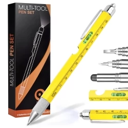 HMP P248 9-in-1 multigereedschap pen, met stylus, LED-lampje, flesopener, telefoonhouder, liniaal - Geel