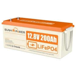 SUNHOOPOWER 12V 200Ah LiFePO4 Battery, 2560Wh Energy, Built-in 100A BMS, Max.1280W Load Power, IP68