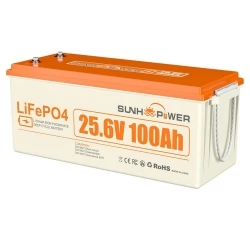 SUNHOOPOWER 24V 100Ah LiFePO4 Batterie, 2560Wh Energie, Eingebautes 100A BMS, Max.2560W Lastleistung, IP68