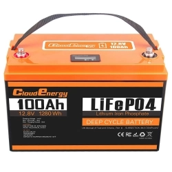 Cloudenergy 12V 100Ah LiFePO4 accu, 1280Wh energie, 6000+ cycli, ingebouwd 100A BMS, ondersteuning serie/parallel