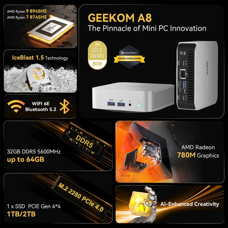 GEEKOM A8 AI Mini PC, AMD Ryzen 7 8745HS 8 Cores Max 5.1GHz, 32GB