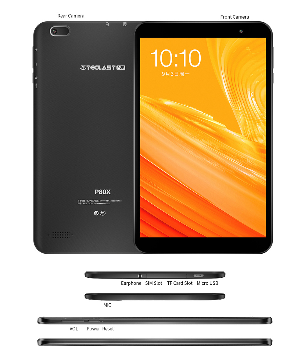 Teclast P80X Dual 4G Phablet Spreadtrum SC9863A Octa-Core 8" IPS Screen  2GB RAM 16GB ROM Built-in GPS Android 9.0 - Black