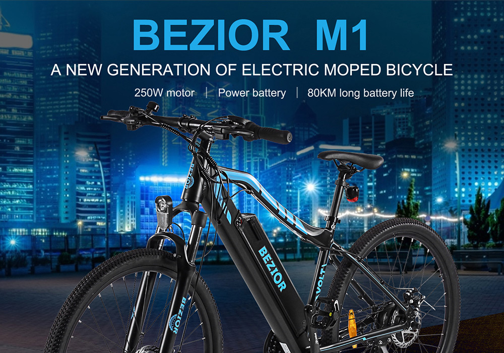 BEZIOR M1 Electric Bike 48V 12.5Ah Battery 250W Brushless Motor 27.5 inch Tire Aluminum Alloy Frame Shimano 5-speed Shift Max Speed 25km/h 80KM Power-assisted mileage Range 5 inch Smart LCD Meter IP54 Waterproof - Black Blue