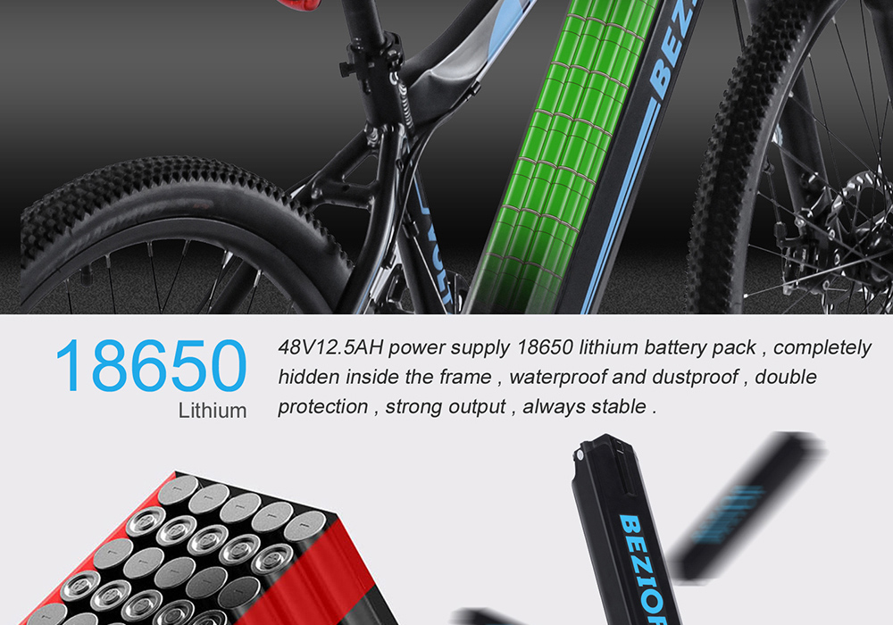 BEZIOR M1 Electric Bike 48V 12.5Ah Battery 250W Brushless Motor 27.5 inch Tire Aluminum Alloy Frame Shimano 5-speed Shift Max Speed 25km/h 80KM Power-assisted mileage Range 5 inch Smart LCD Meter IP54 Waterproof - Black Blue