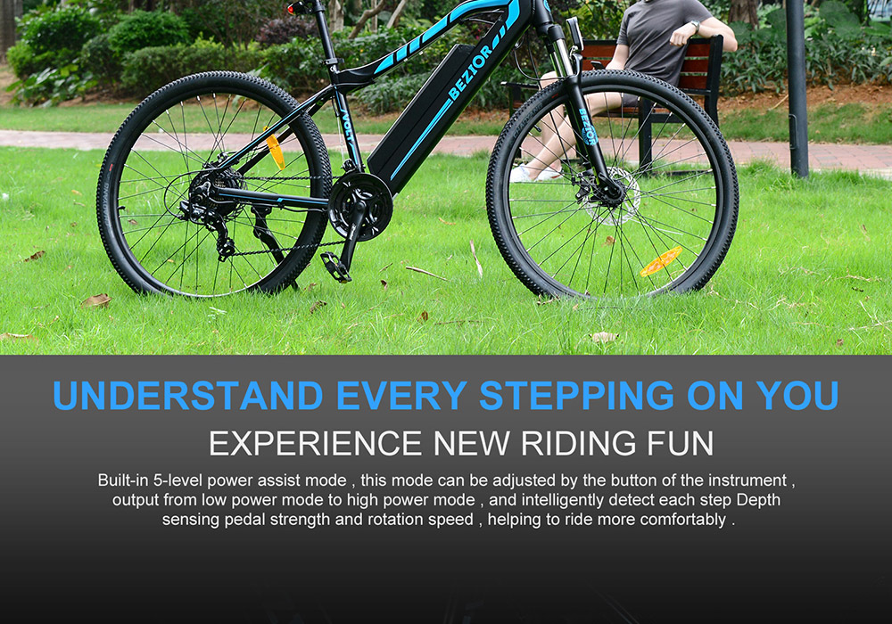 BEZIOR M1 Electric Bike 48V 12.5Ah Battery 250W Brushless Motor 27.5 inch Tire Aluminum Alloy Frame Shimano 5-speed Shift Max Speed 25km/h 80KM Power-assisted mileage Range 5 inch Smart LCD Meter IP54 Waterproof - Black Blue