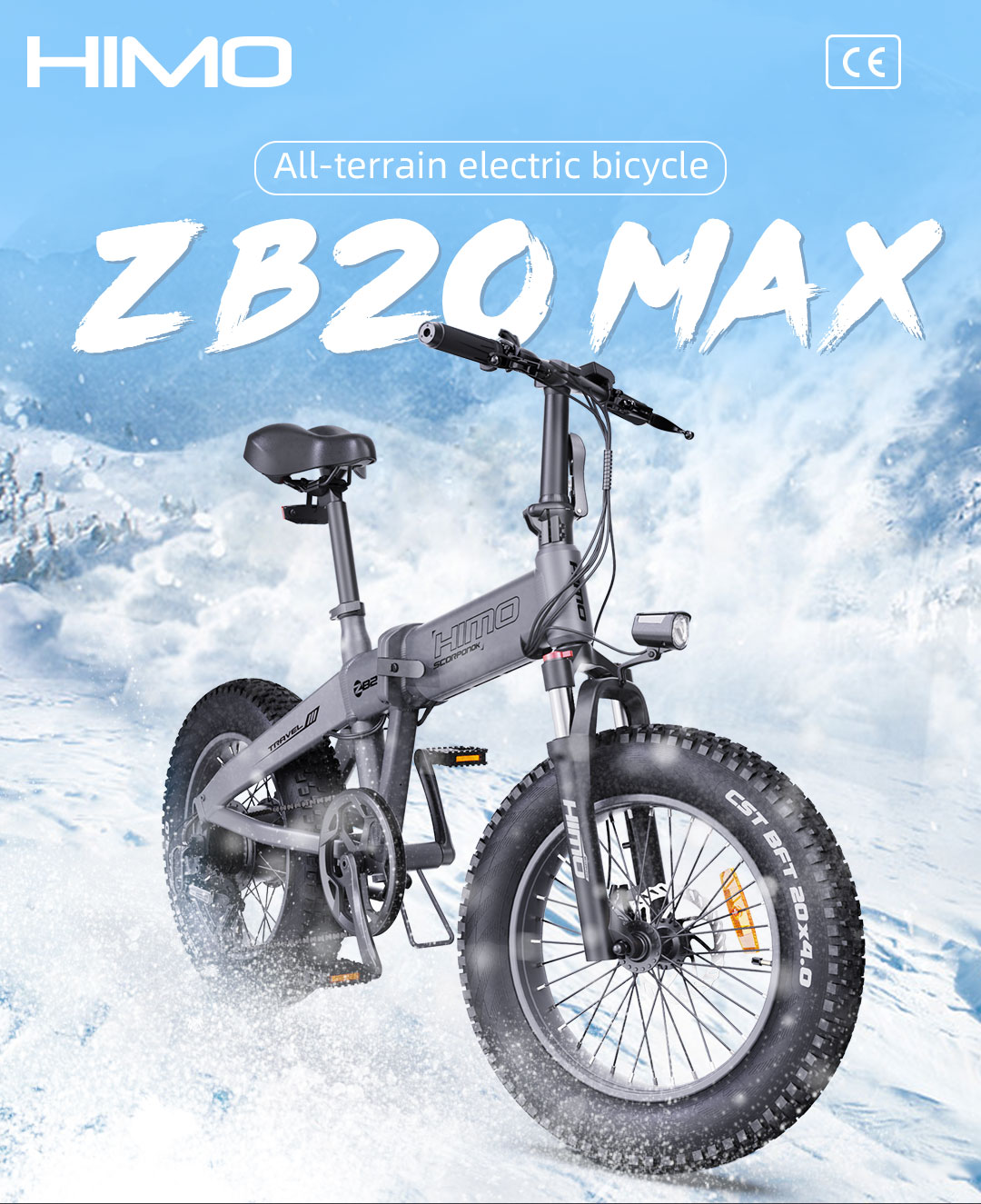 HIMO ZB20 MAX Global version Folding Electric Mountain Bike 20" Wheels 4 Inch Fat Wide Tires 350W Motor Shimano 6 Speeds Derailleur 48V 10Ah Detachable Lithium Battery Dual Disc Brake Hydraulic Shock Folk LCD Display Up to 80km - Grey