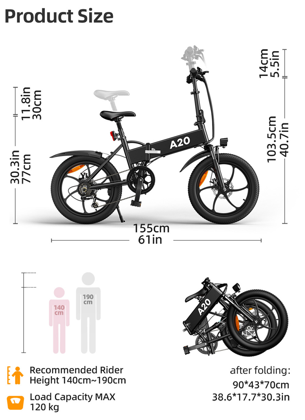 ADO A20+ Electric Folding Bike 20 inch City Bicycle 350W Hall Brushless Gear DC Motor SHIMANO 7-Speed Rear Derailleur 36V 10.4Ah Removable Battery 35km/h Max speed up to 60km Max Range IPX5 Double Shock-absorption Aluminum alloy Frame - Black