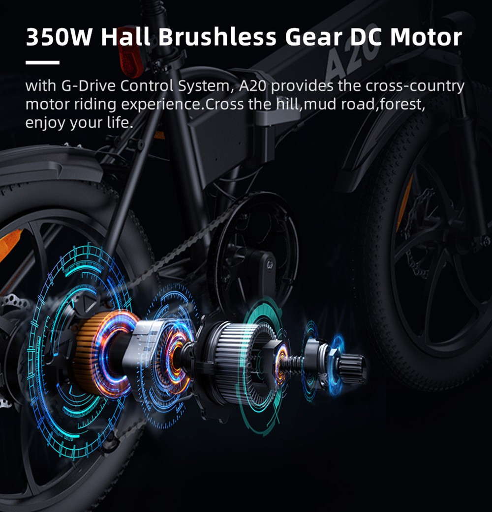 ADO A20+ Electric Folding Bike 20 inch City Bicycle 350W Hall Brushless Gear DC Motor SHIMANO 7-Speed Rear Derailleur 36V 10.4Ah Removable Battery 35km/h Max speed up to 60km Max Range IPX5 Double Shock-absorption Aluminum alloy Frame - Black