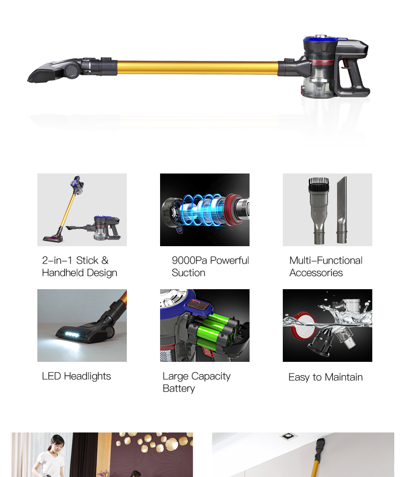 Dibea D18 Cordless Stick Vacuum Cleaner 9000Pa Suction LED Light 2 in 1 Handheld Car Vacuum - Gold EU Plug
