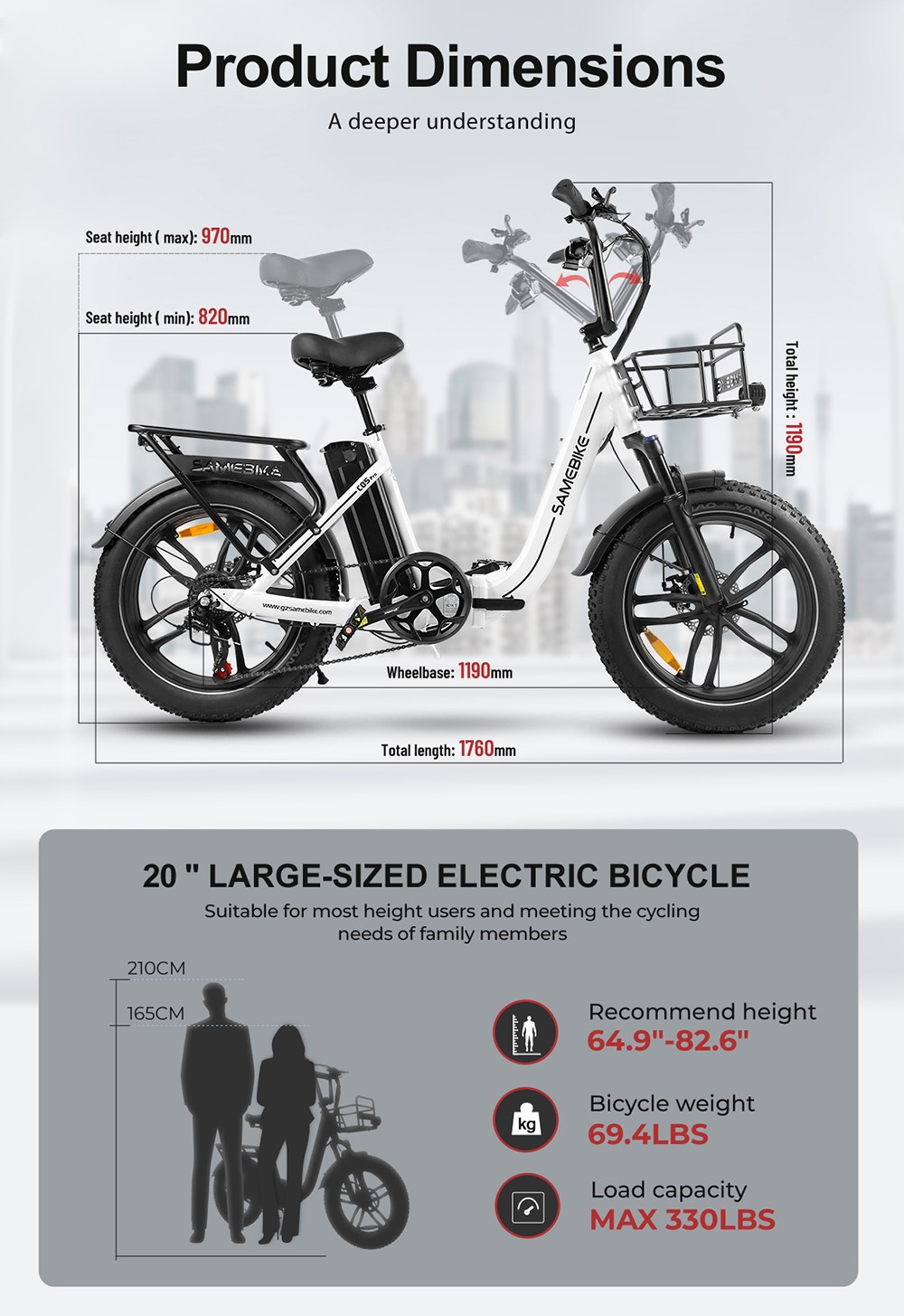 SAMEBIKE C05 Pro Electric Bike 500W Motor 36V 13Ah Battery 20*4-inch Tires 35km/h Max Speed 70km Max Range Mechanical Dis