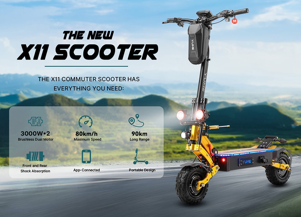 YUME X11 Electric Scooter 3000W*2 Motor 60V 27Ah Battery 11-inch Off-road Fat Tires 80km/h Max Speed 90km Max Range EBS