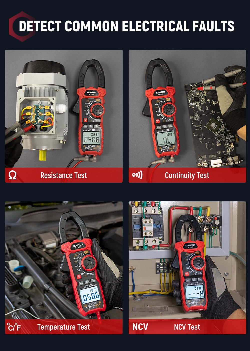 KAIWEETS HT208F Inrush Digital Clamp Meter 1000A with Backlit TRMS 6000 Counts 15min Auto-shutdown 38mm Large Jaw Design