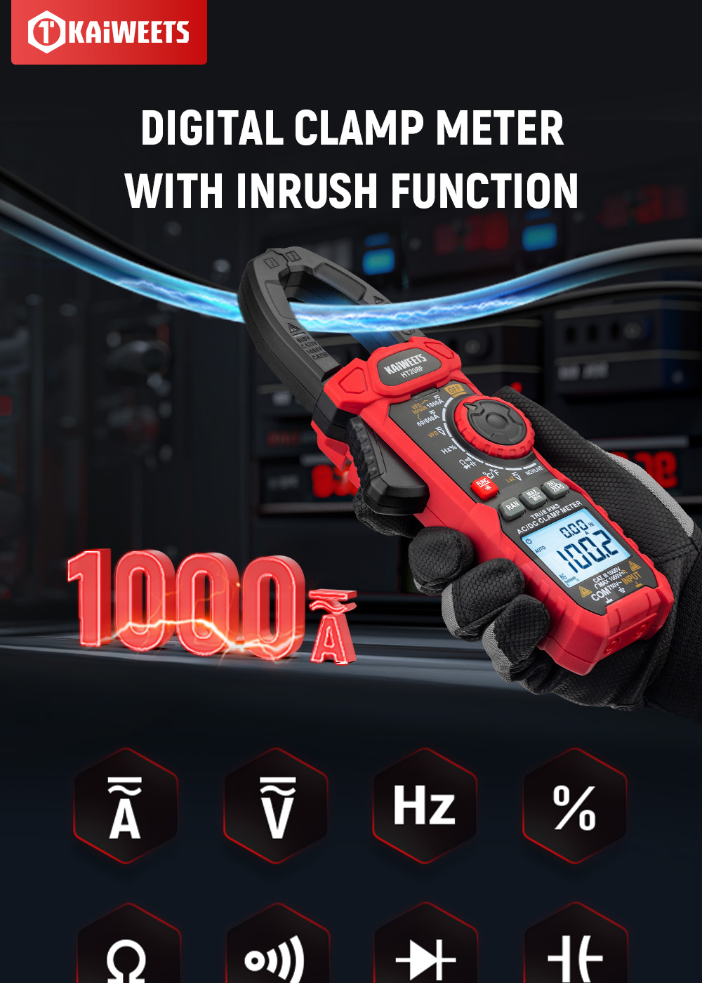 KAIWEETS HT208F Inrush Digital Clamp Meter 1000A with Backlit TRMS 6000 Counts 15min Auto-shutdown 38mm Large Jaw Design