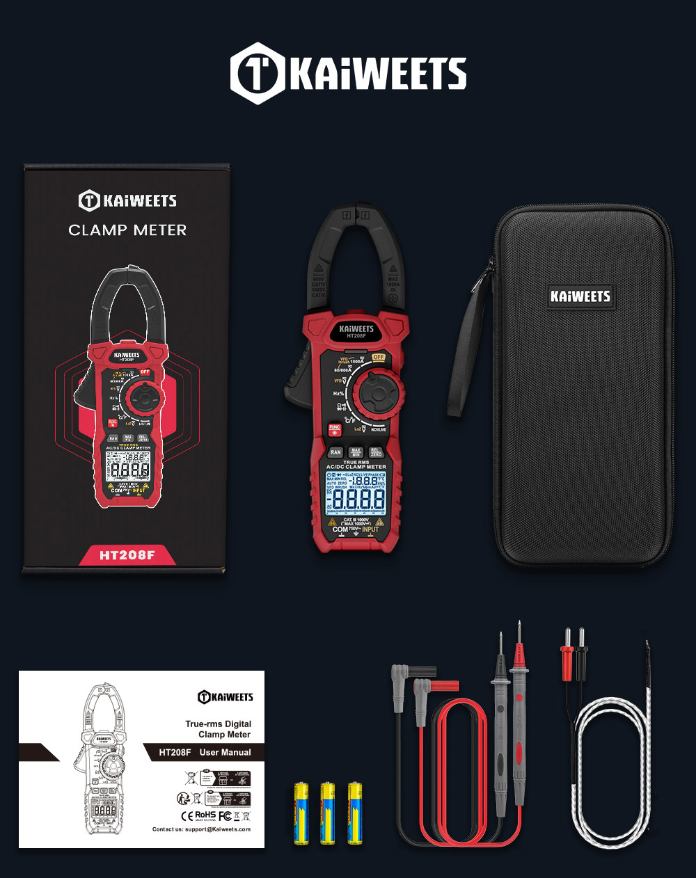 KAIWEETS HT208F Inrush Digital Clamp Meter 1000A with Backlit TRMS 6000 Counts 15min Auto-shutdown 38mm Large Jaw Design