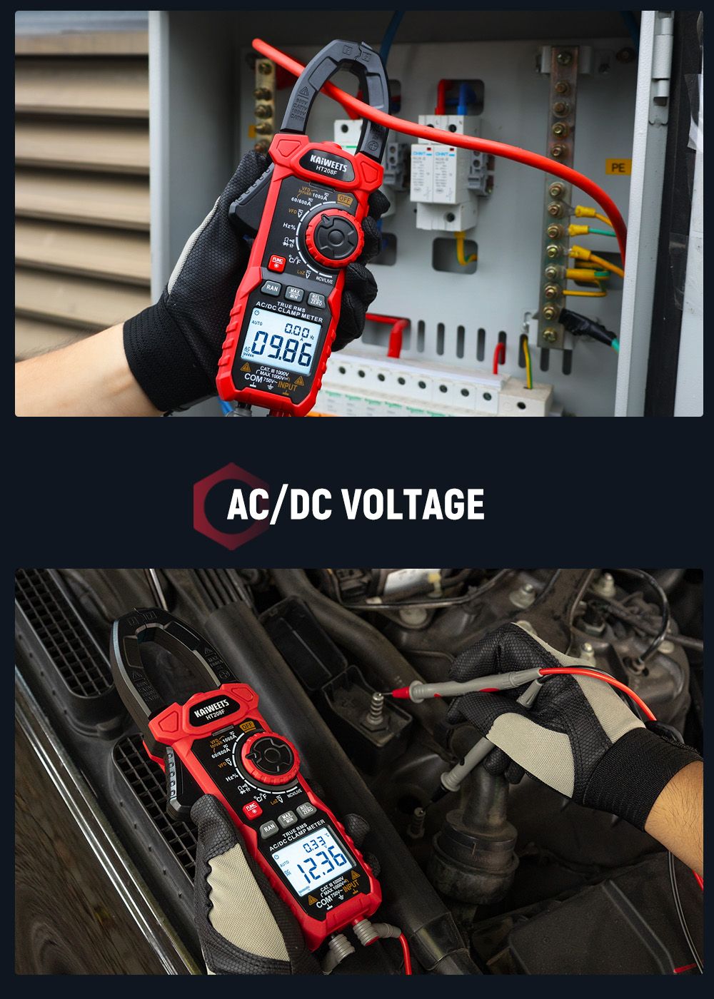 KAIWEETS HT208F Inrush Digital Clamp Meter 1000A with Backlit TRMS 6000 Counts 15min Auto-shutdown 38mm Large Jaw Design