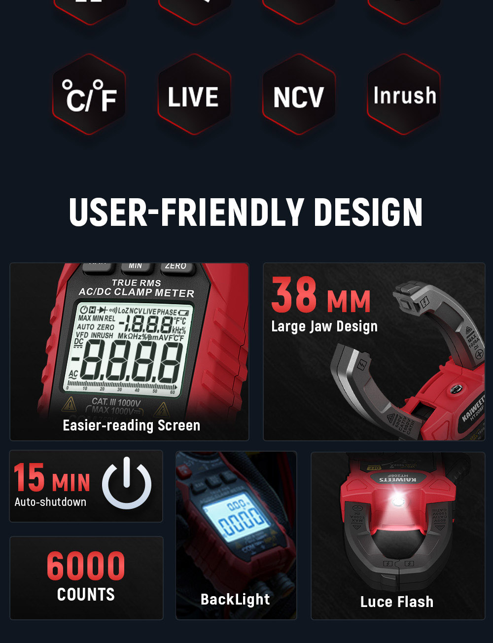 KAIWEETS HT208F Inrush Digital Clamp Meter 1000A with Backlit TRMS 6000 Counts 15min Auto-shutdown 38mm Large Jaw Design