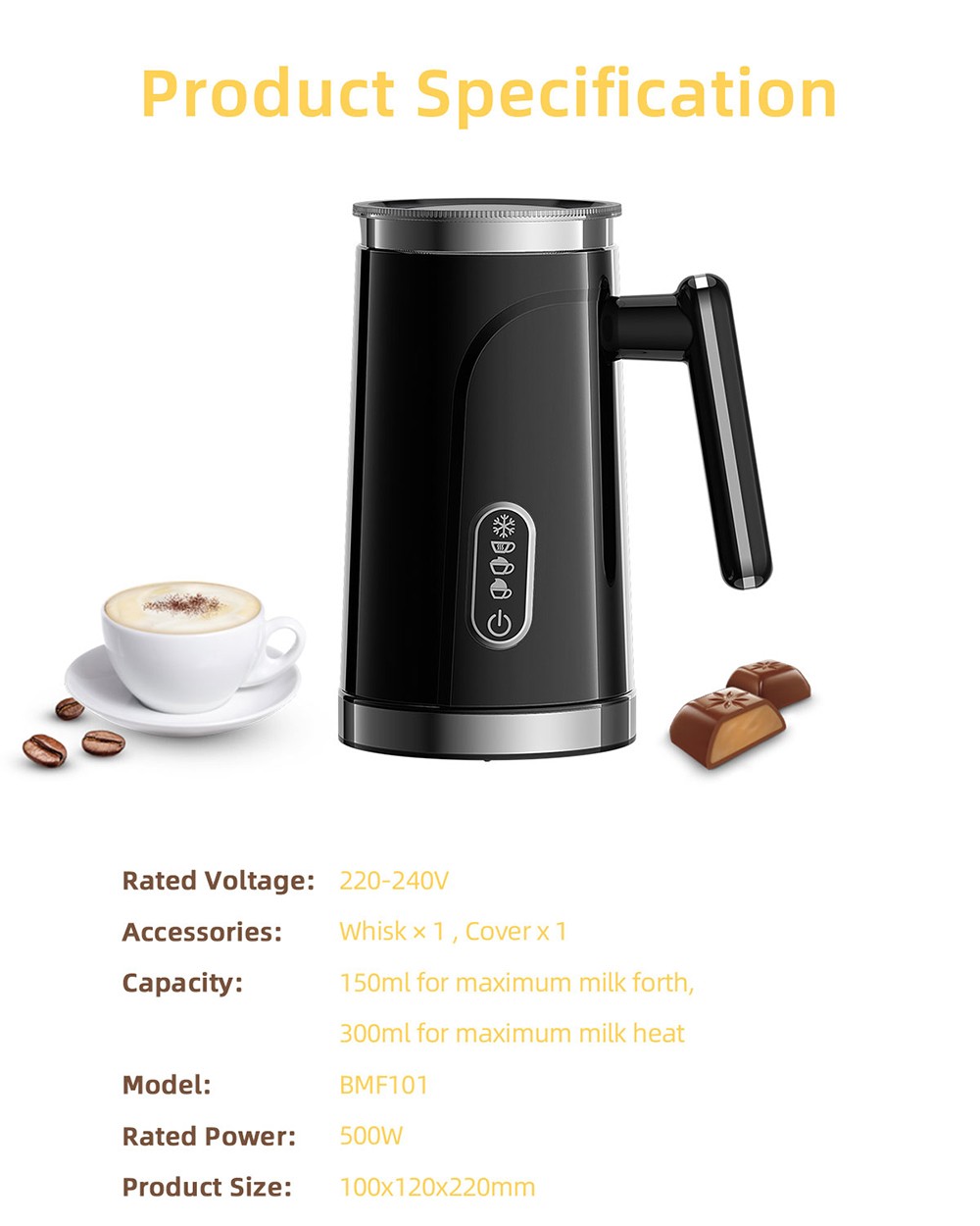 BioloMix BMF101 4 in 1 Electric Milk Frother and Warmer Automatic Hot and Cold for Latte Foam Maker Hot Chocolates Cappuc