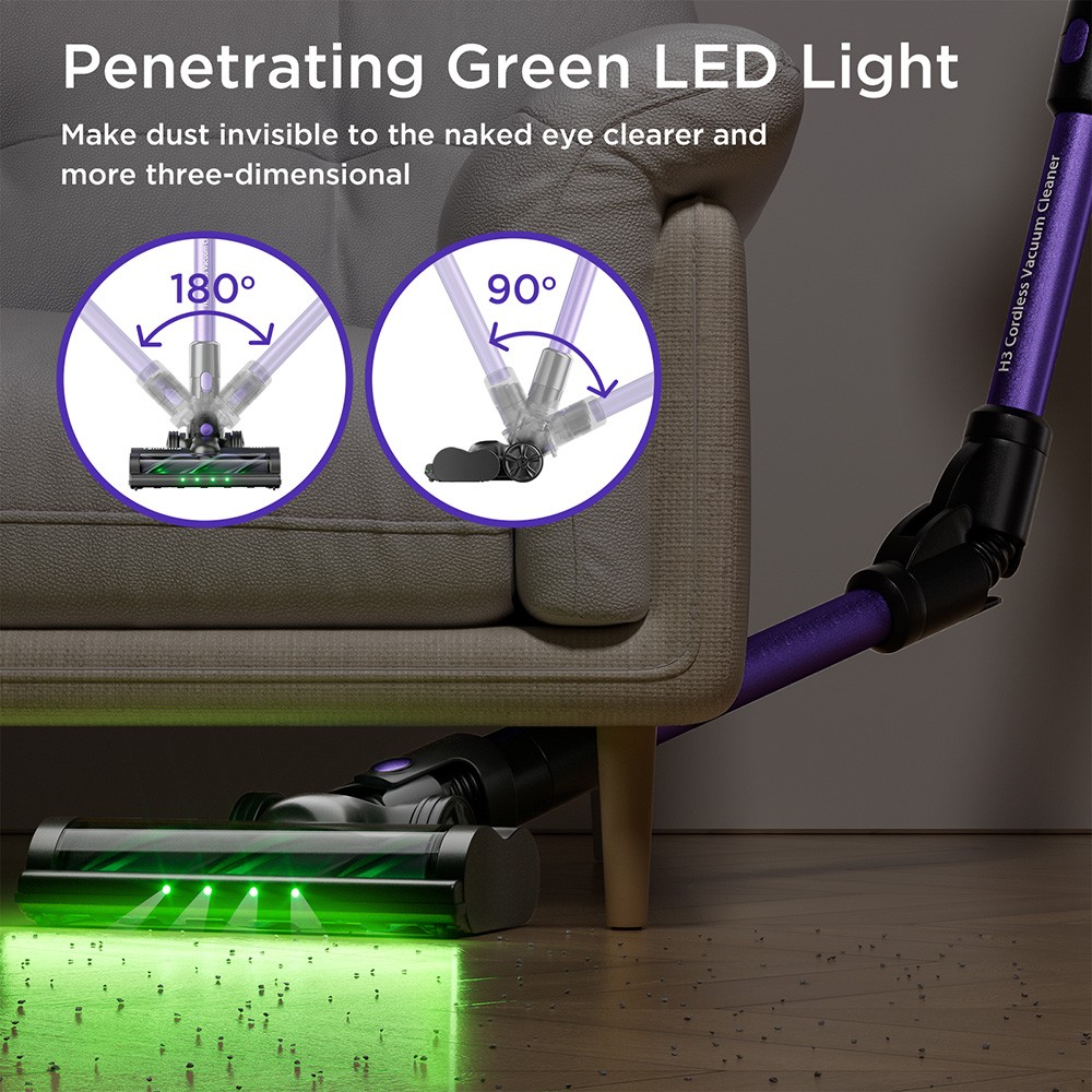 Yanhama H3 Cordless Vacuum Cleaner  38kPa/550W Powerful Suction  60min Max Runtime  180° Swivel Handle  Green LED Light  for H
