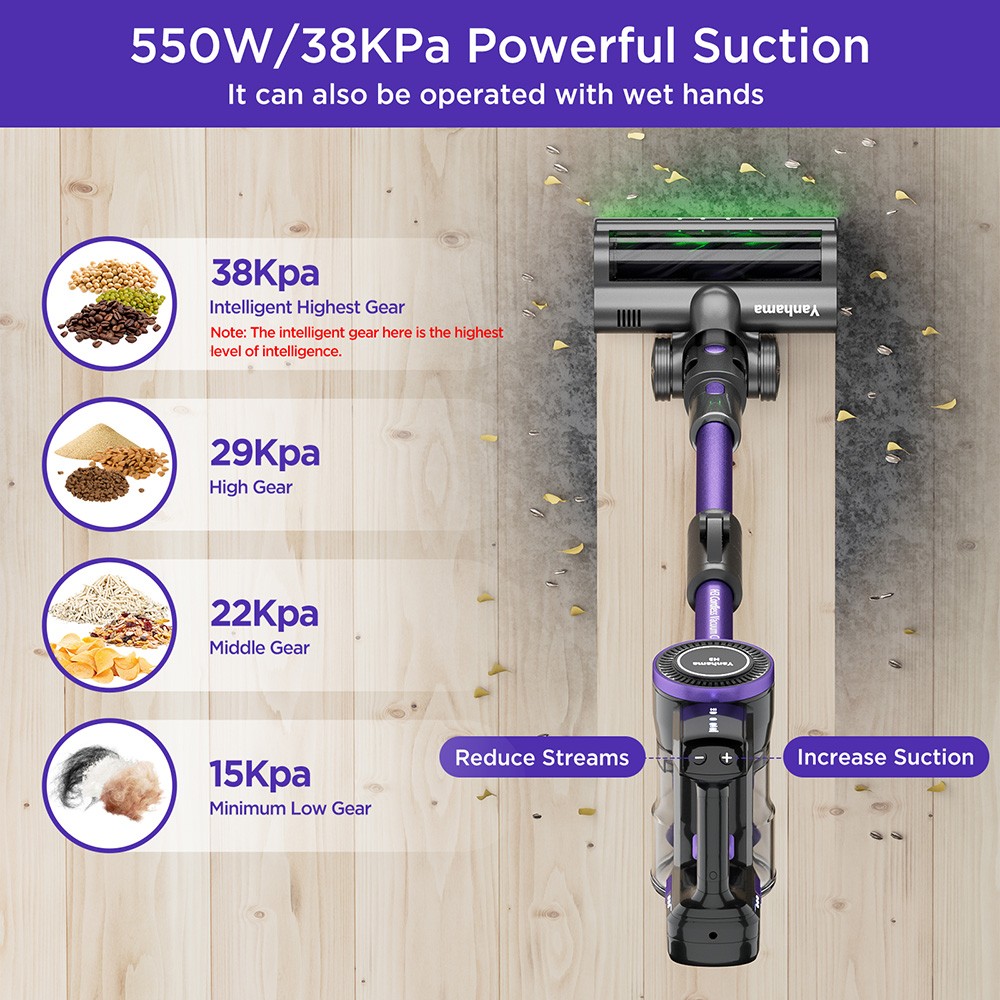 Yanhama H3 Cordless Vacuum Cleaner  38kPa/550W Powerful Suction  60min Max Runtime  180° Swivel Handle  Green LED Light  for H