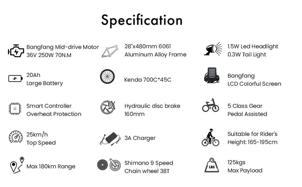 TTGO C7 ZZ-28ST Electric Bike 250W Motor 36V 20Ah Battery 700C*45C Tire 25km/h Max Speed 160-180km Range Hydraulic Disc