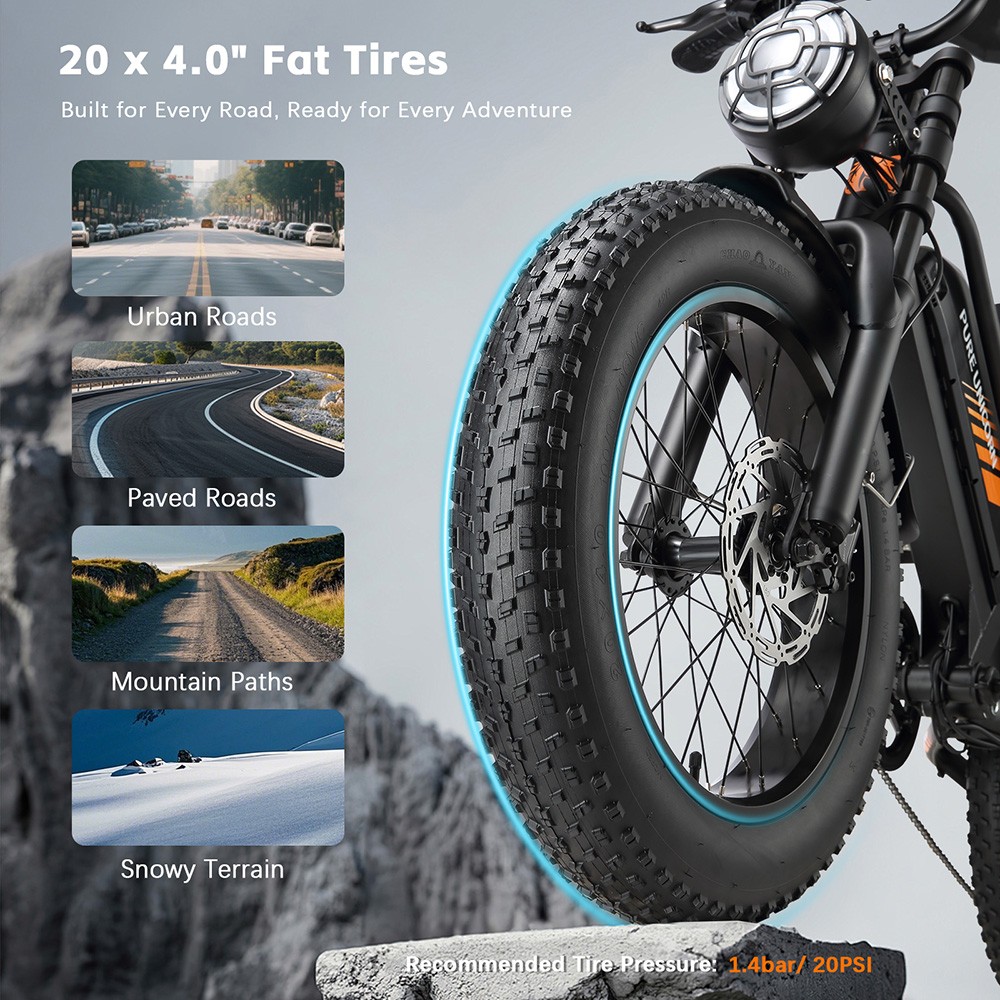 PURE UNICORN U5 Electric Bike 1000W Motor 48V 19 2Ah Battery 20*4 inch Fat Tires 45km/h Max Speed 80km Range Hydraulic Br
