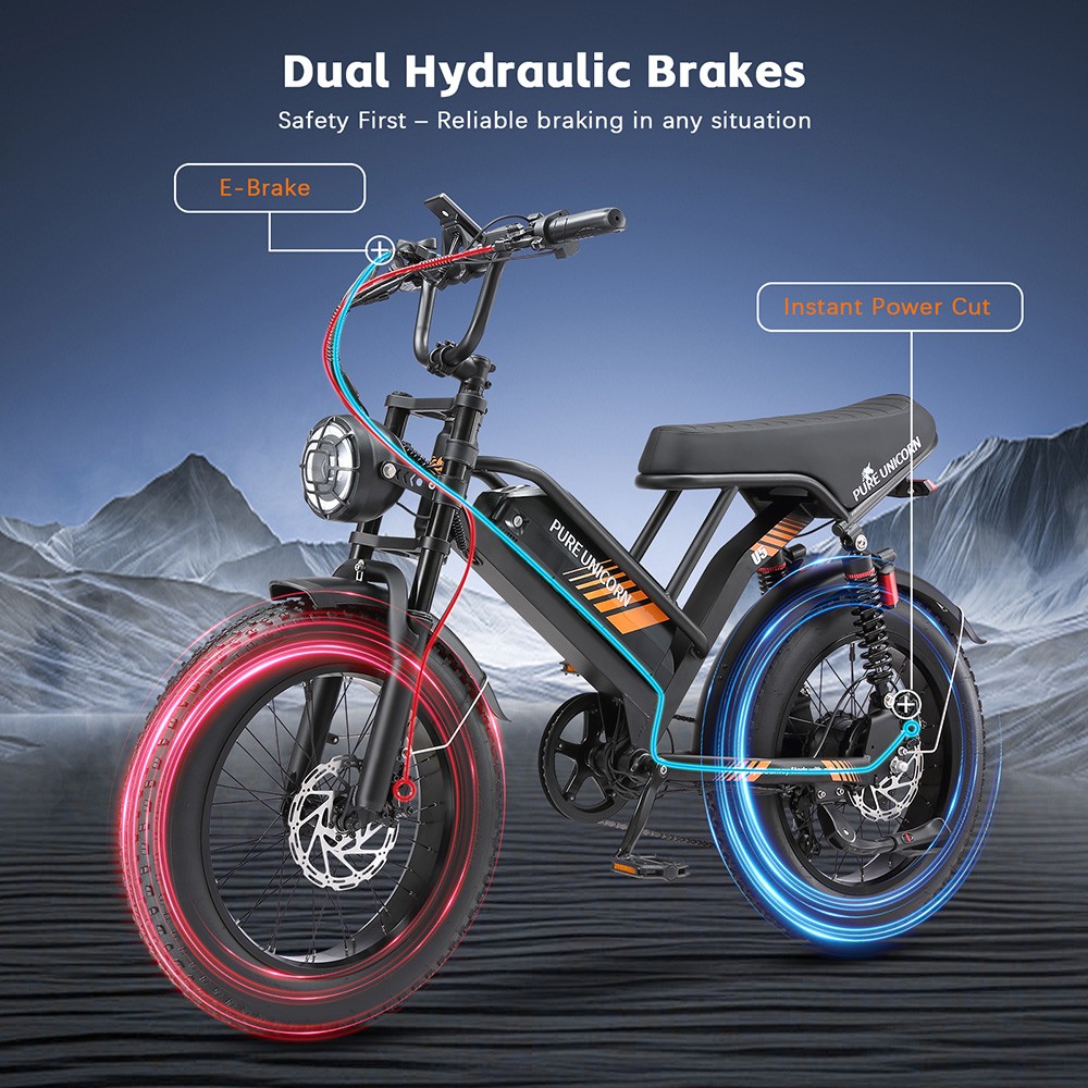 PURE UNICORN U5 Electric Bike 1000W Motor 48V 19 2Ah Battery 20*4 inch Fat Tires 45km/h Max Speed 80km Range Hydraulic Br