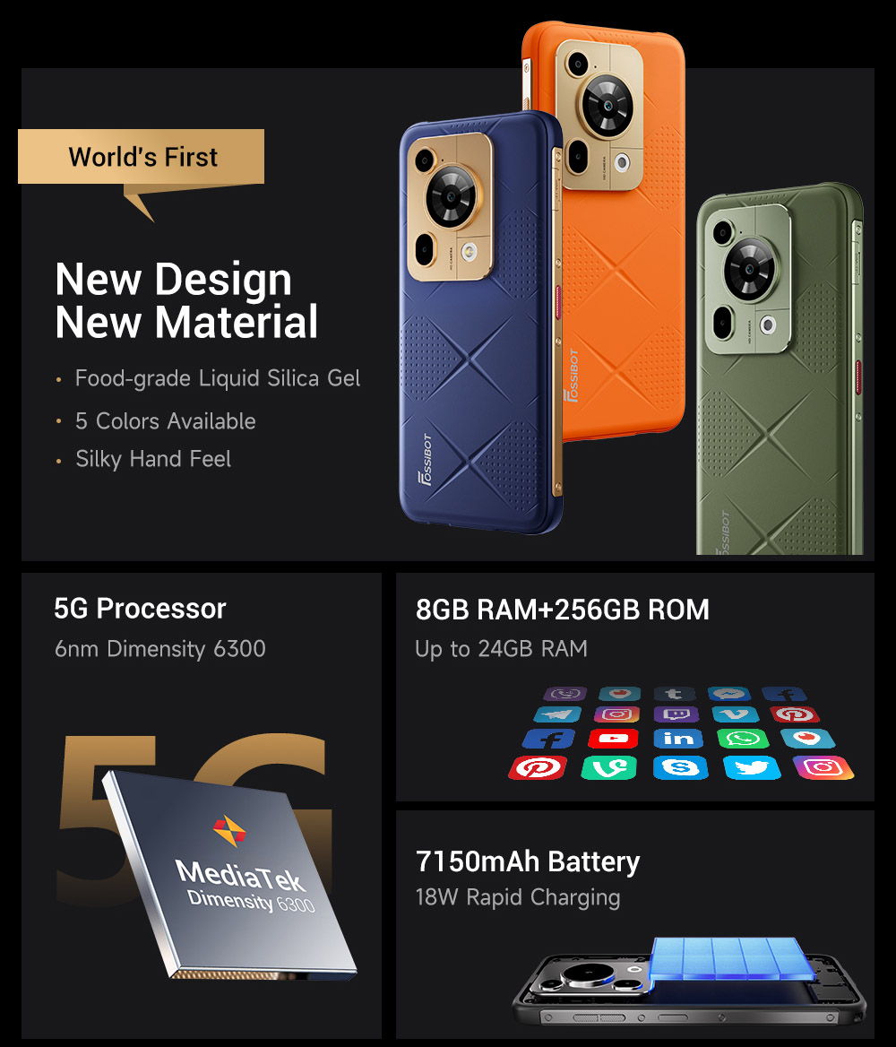 FOSSiBOT F112 Pro 5G Rugged Phone 50MP 5MP Rear Camera 7150mAh Battery 6 88-inch HD Screen 8GB RAM 256GB ROM Android 14