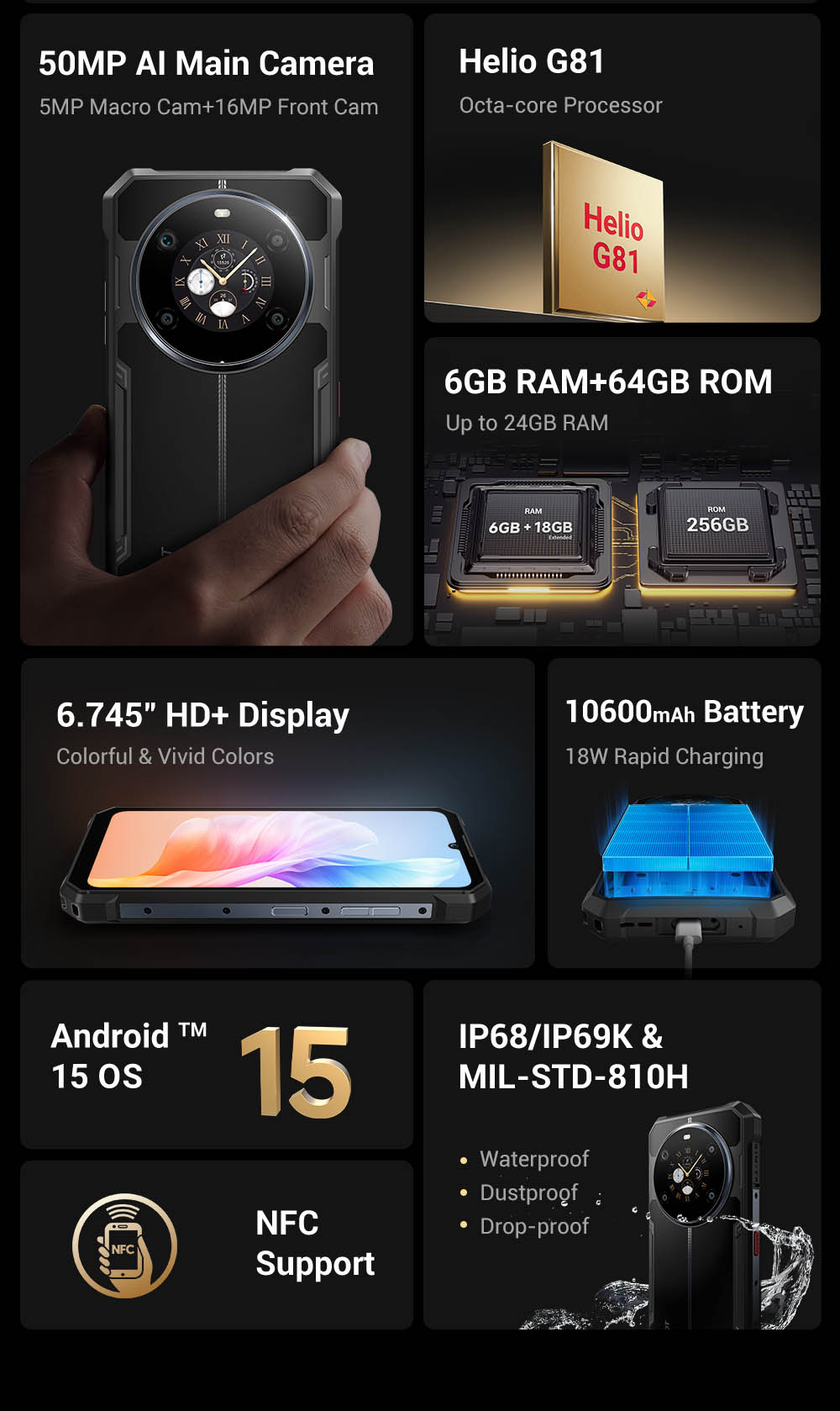 FOSSiBOT F109S Rugged Smartphone Android 15 6 256GB 10600mAh Battery 50MP Camera NFC - EU Plug