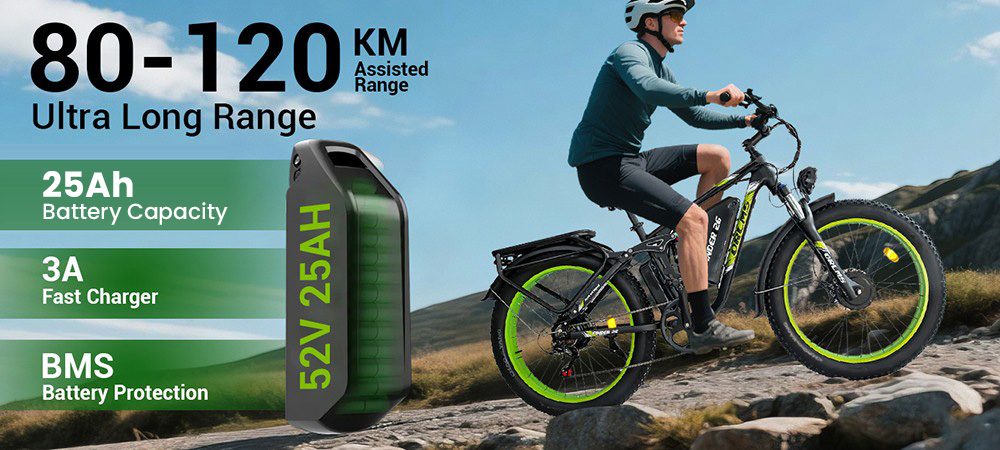 Orlms V3 Electric Bike 1000W*2 Motor 52V 25Ah Battery 26*4 0 inch Tires 26*4 0 inch Tires 60km/h Max Speed 120km Max Rang