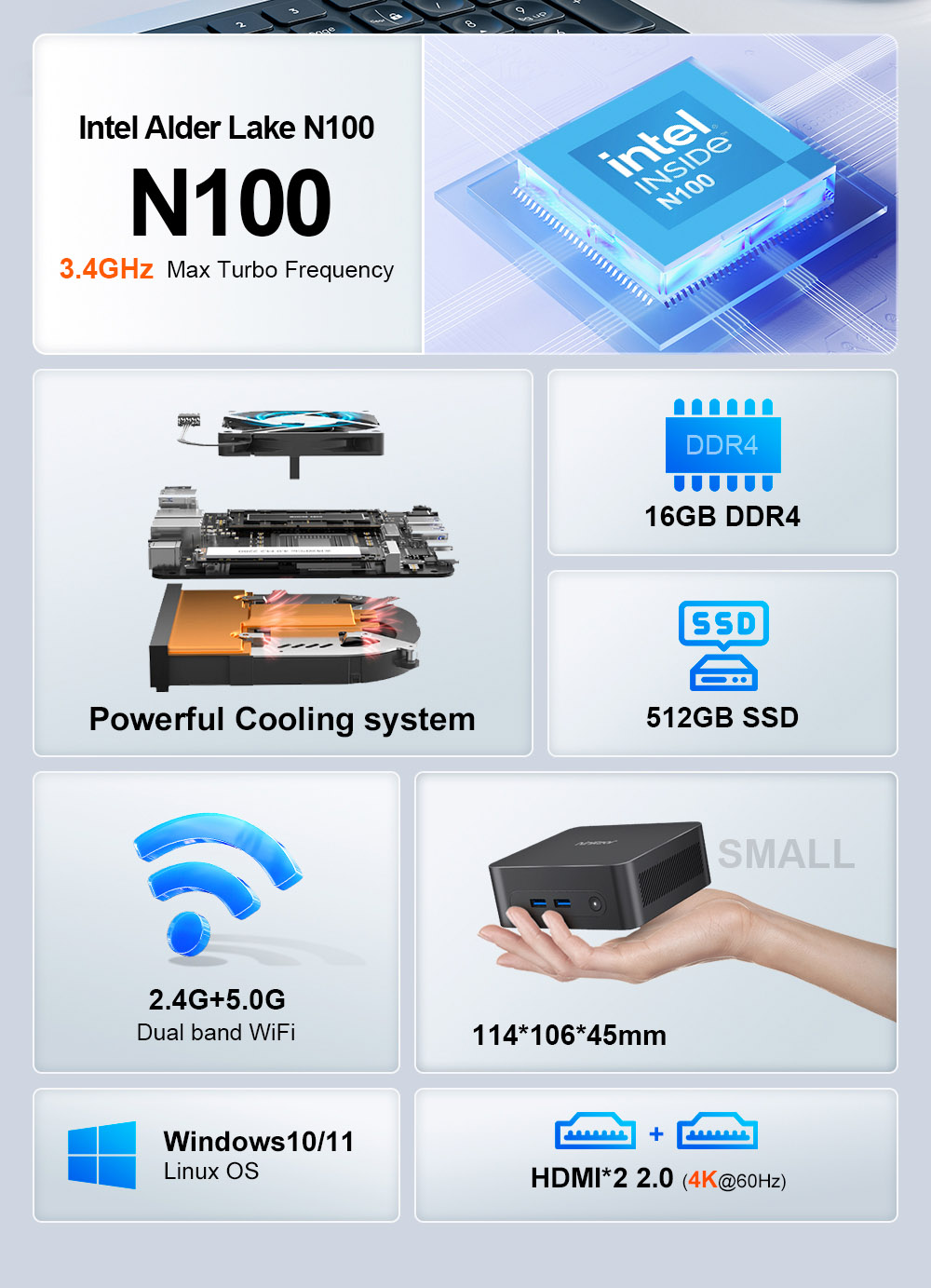 Ninkear N10 Mini PC Intel N100 4 Cores Max 3 4GHz 16GB RAM 512GB SSD 2*HDMI 2 0 4K@60Hz Dual Display 2 4/5GHz WiFi Blueto