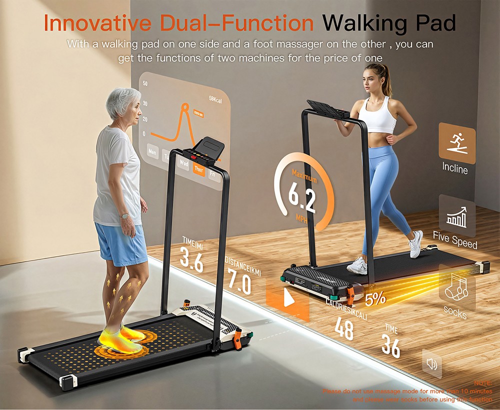 Akluer 520A-B Dual-Sided Walking Pad with Handle 2 5HP Quiet Motor 4MPH Max Speed 150kg Capacity Dual LED Display Manual I