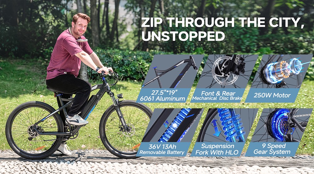 M920 Electric Bike 250W Motor 36V 13Ah Battery 27 5 inch Tires 25km/h Max Speed 60km Range Front