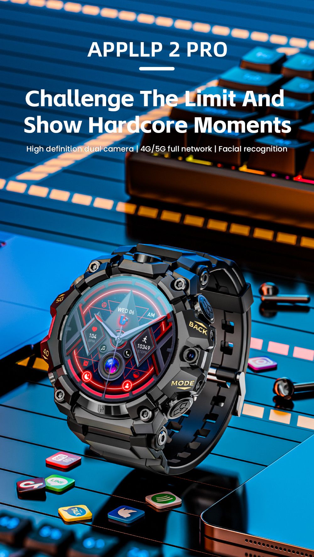 LOKMAT APPLLP 2 Pro Smartwatch 1 508 inch AMOLED Screen Supports 5G LTE Dual Cameras Facial Recognition Health Data Monito