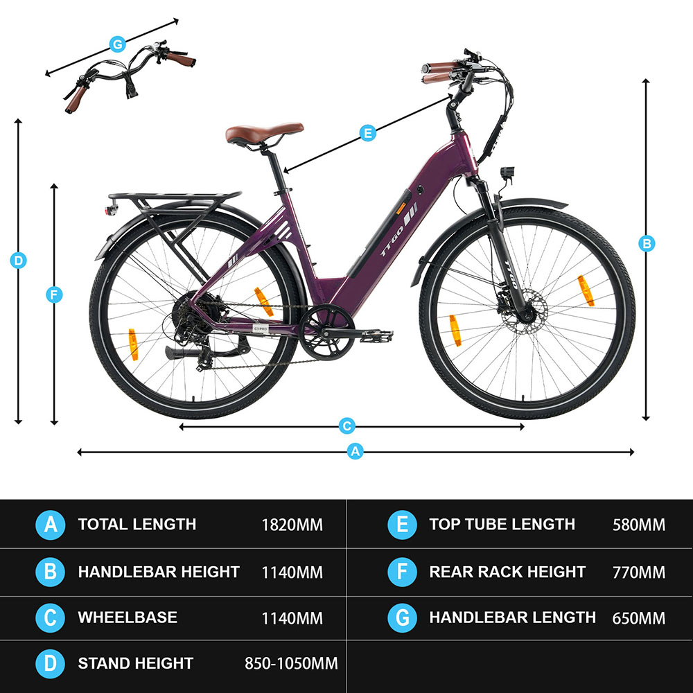 TTGO C3 Pro Electric Bike 250W Motor 36V 20Ah Battery 28 inch Tires 25km/h Max Speed 120km Max Range Hydraulic Disc Brake