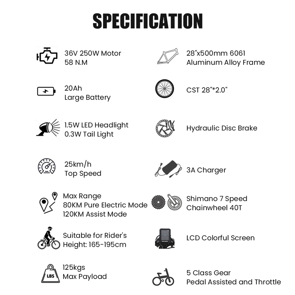 TTGO C3 Pro Electric Bike 250W Motor 36V 20Ah Battery 28 inch Tires 25km/h Max Speed 120km Max Range Hydraulic Disc Brake